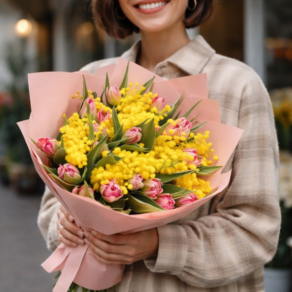 15 тюльпанов с мимозой