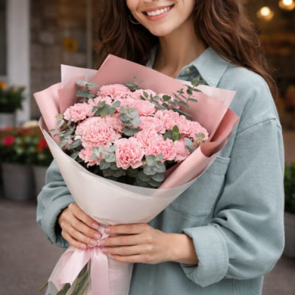 17 нежно-розовых гвоздик