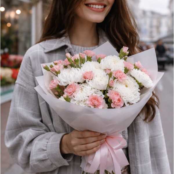 Букет с кустовой гвоздикой и хризантемой