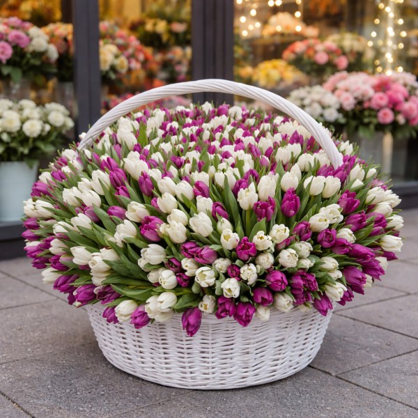 1001 бело-фиолетовый тюльпан в корзине