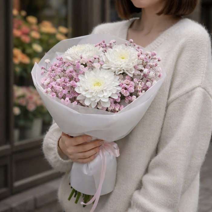 3 белые хризантемы с розовой гипсофилой