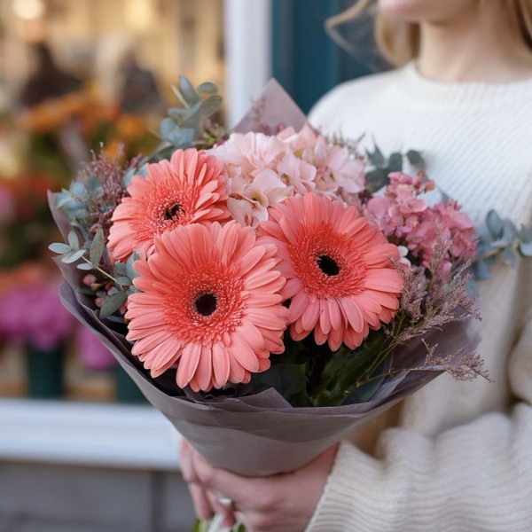 3 герберы с розовой гортензией