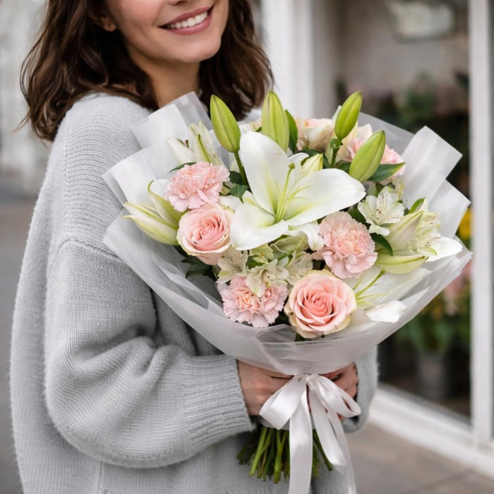 5 розовых диантусов с лилией и розой