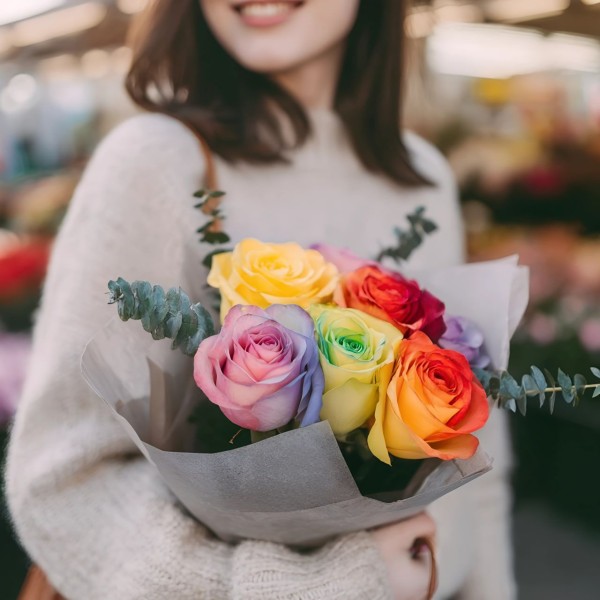 7 радужных роз с эвкалиптом