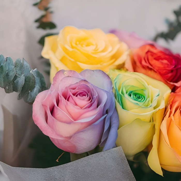 Букет 7 радужных роз с эвкалиптом