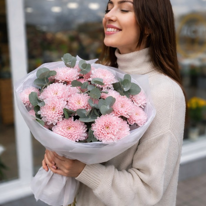 7 розовых кустовых хризантем с эвкалиптом