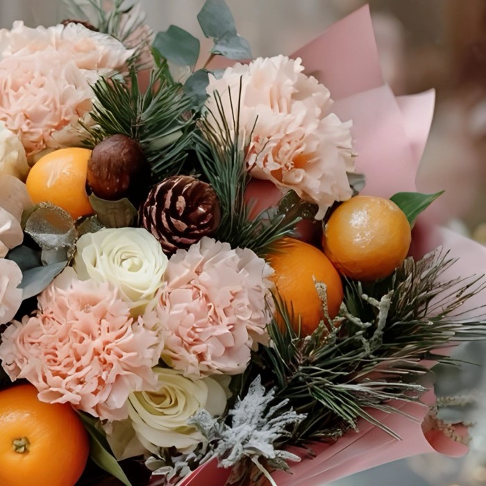 Новогодний букет с фруктами и шишками