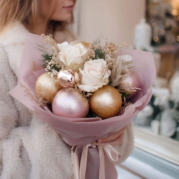 Новогодний букет в розовом оформлении